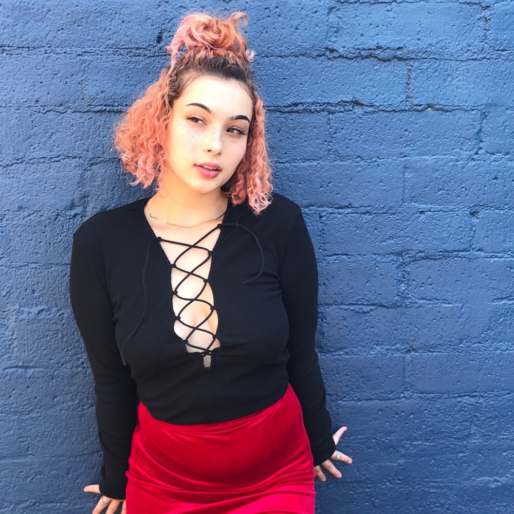 Black low cut criss-cross fitted cotton blouse